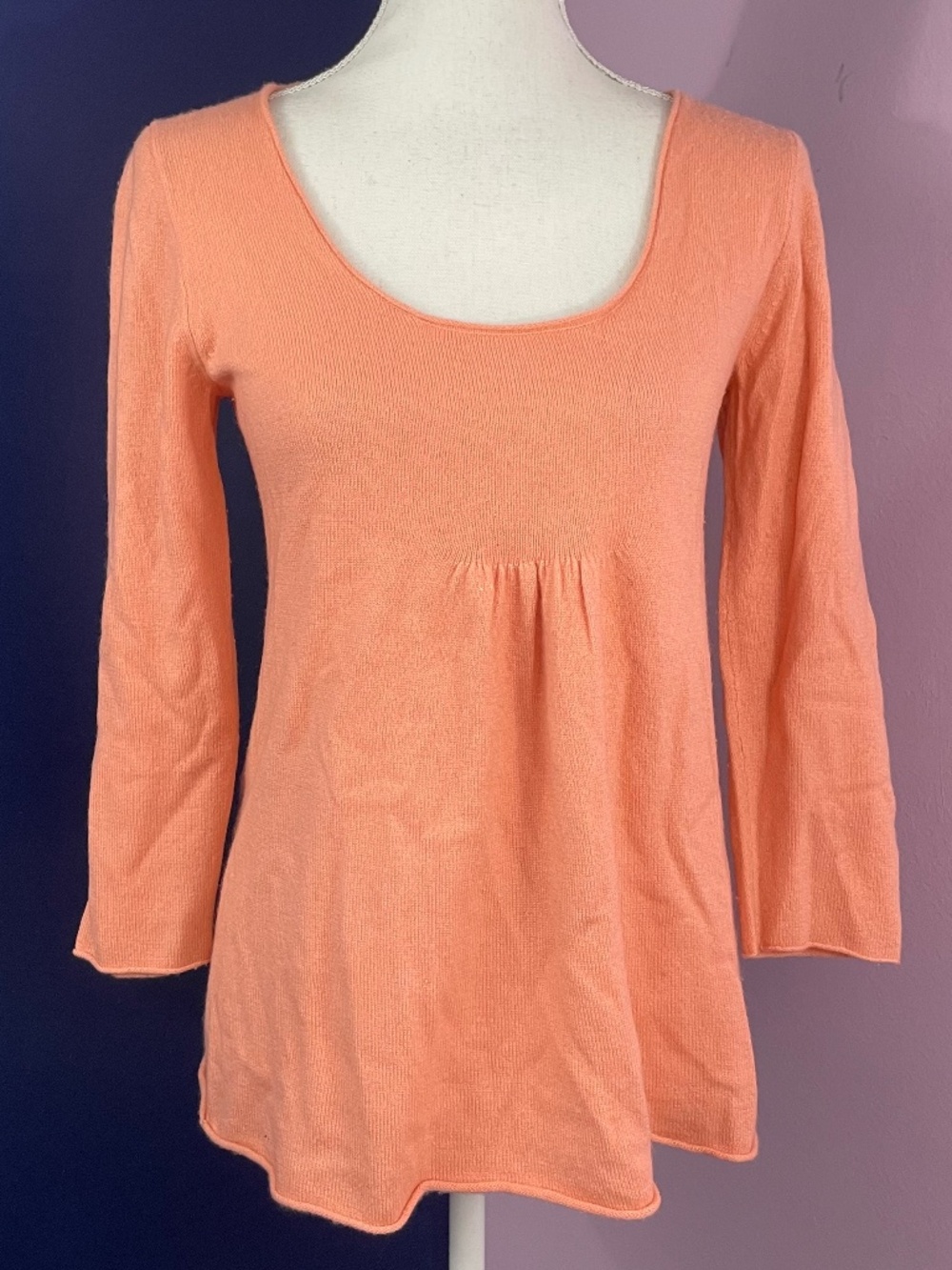 100% Cashmere J Crew Sweater Babydoll 3/4 Sleeve Scoop Neck Knit Pullover Top